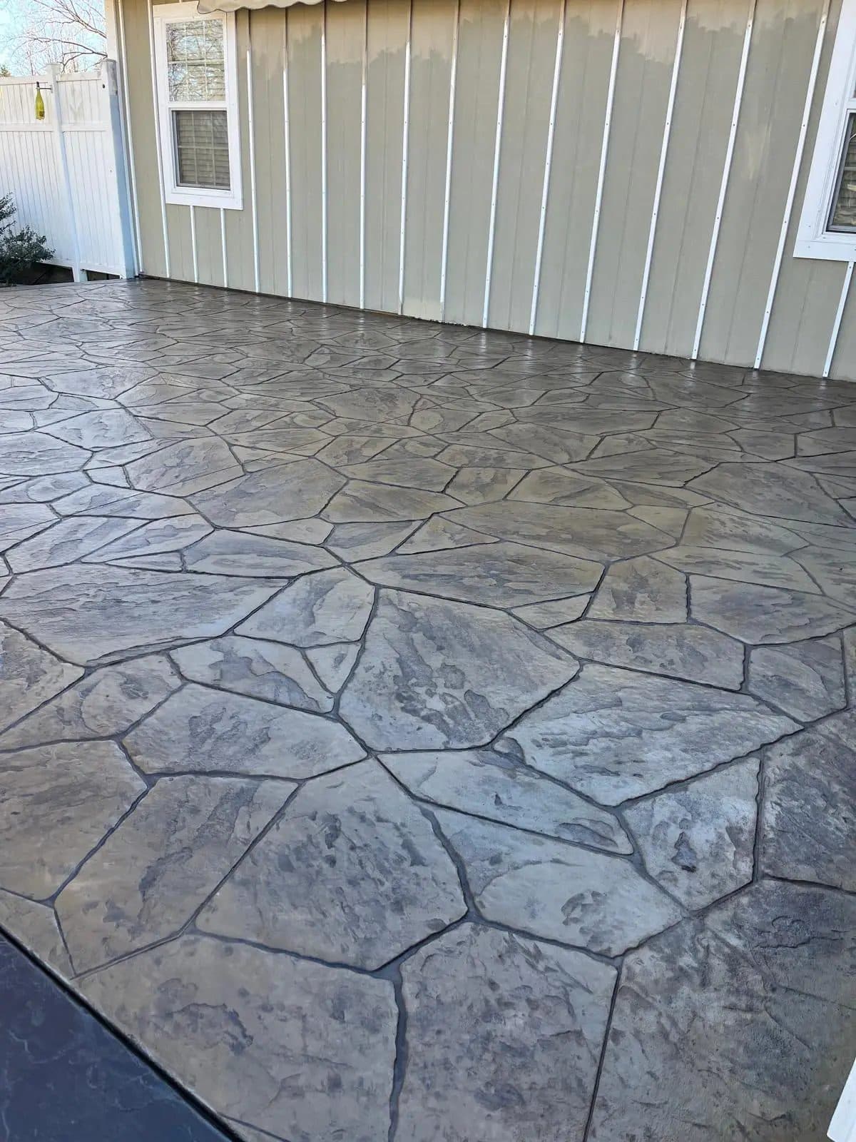 Finished stamped concrete patio, daytime